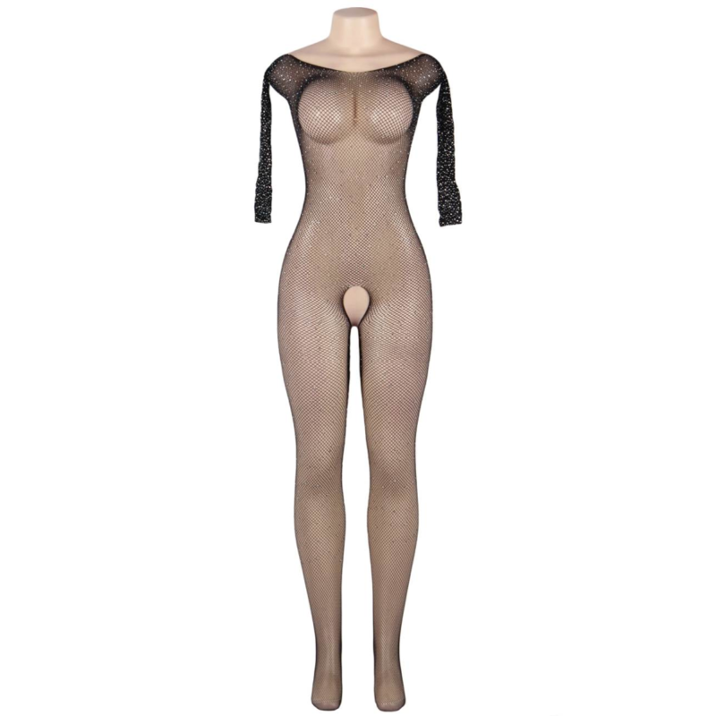 QUEEN LINGERIE - BODYSTOCKING MANICA LUNGA CON DIAMANTI S/L