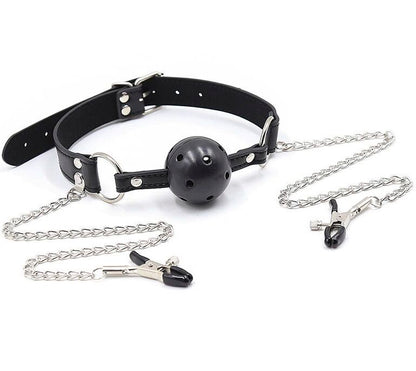 OHMAMA FETISH - BALL GAG CON VENTOLE E MORSETTI PER CAPEZZOLI