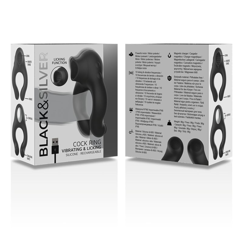 BLACK&SILVER - ANELLO VIBRATORE IN SILICONE 3 MOTORI RICARICABILE NERO