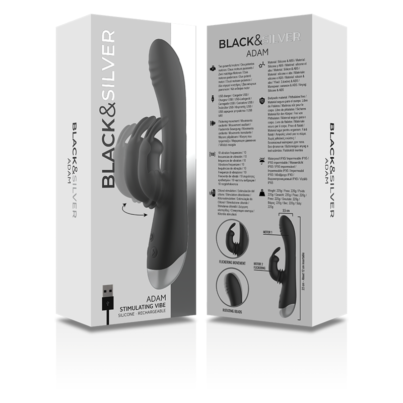 BLACK&SILVER - DJ. STIMOLATORE CONIGLIO IN SILICONE RICARICABILE ADAM NERO