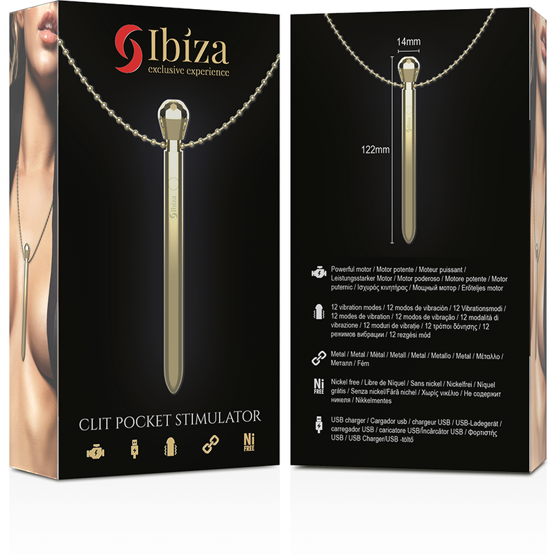 IBIZA - STIMOLATORE CLIT POCKET COLLANA CARICATORE USB 12 MODALIT DI VIBRAZIONE DORATO 12,2 X 1,5