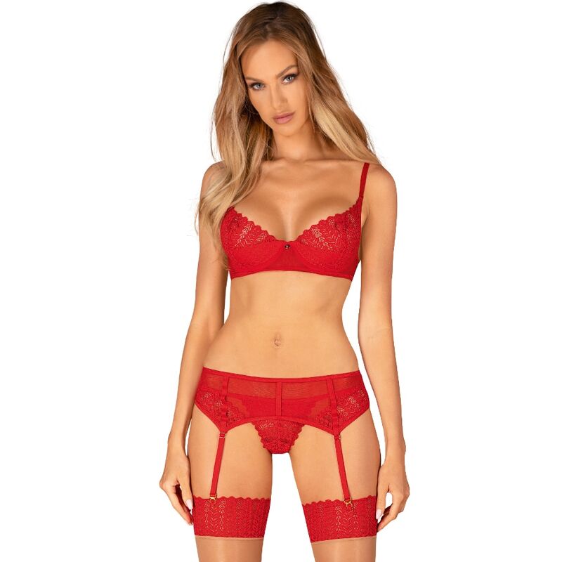 OBSESSIVE - REGGISENO REGGICALZE E PERIZOMA  INGRIDIA SET TRE PEZZI ROSSO XS/S