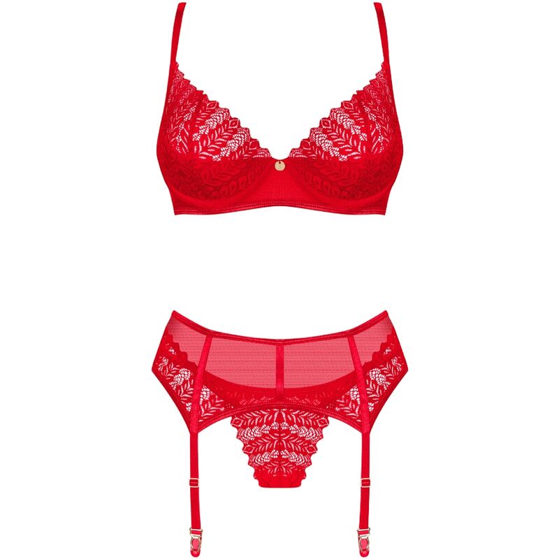 OBSESSIVE - REGGISENO REGGICALZE E PERIZOMA  INGRIDIA SET TRE PEZZI ROSSO XS/S