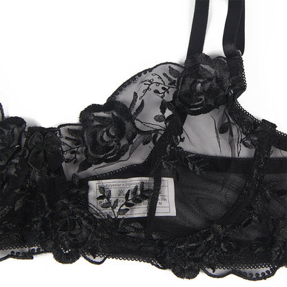 SUBBLIME - SET 3 PEZZI REGGISENO + PERIZOMA + GIARRETTIERA STAMPA FLOREALE NERO S/M