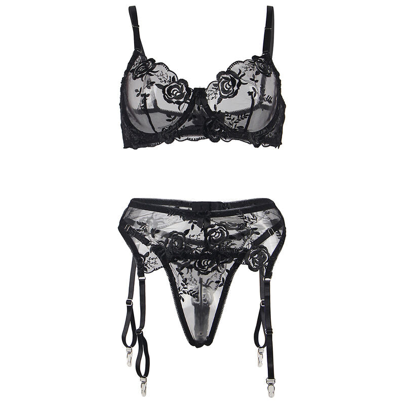 SUBBLIME - SET 3 PEZZI REGGISENO + PERIZOMA + GIARRETTIERA STAMPA FLOREALE NERO S/M