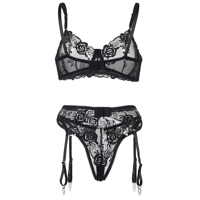 SUBBLIME - SET 3 PEZZI REGGISENO + PERIZOMA + GIARRETTIERA STAMPA FLOREALE NERO S/M