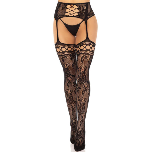 LEG AVENUE - CALZE REGGER IN PIZZO FLOREALE NERO